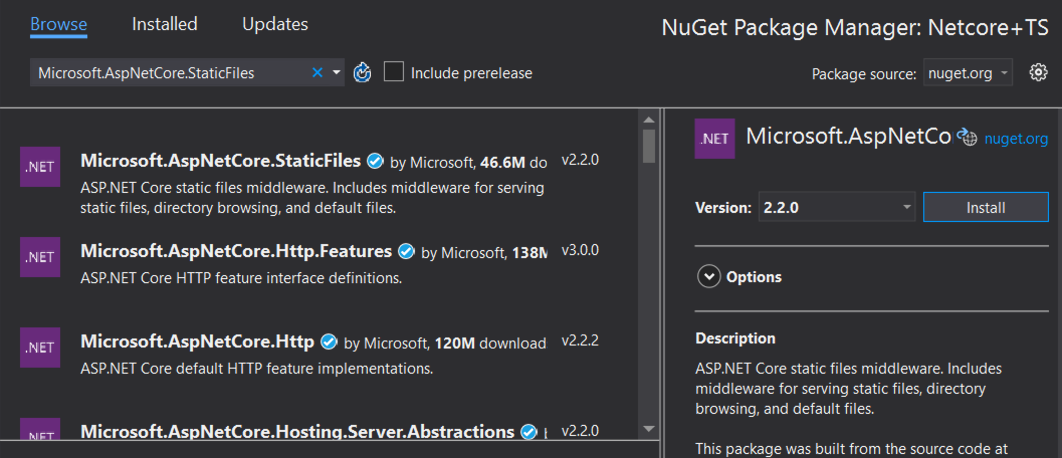 Visual Studio 搜索 NuGet 的截图