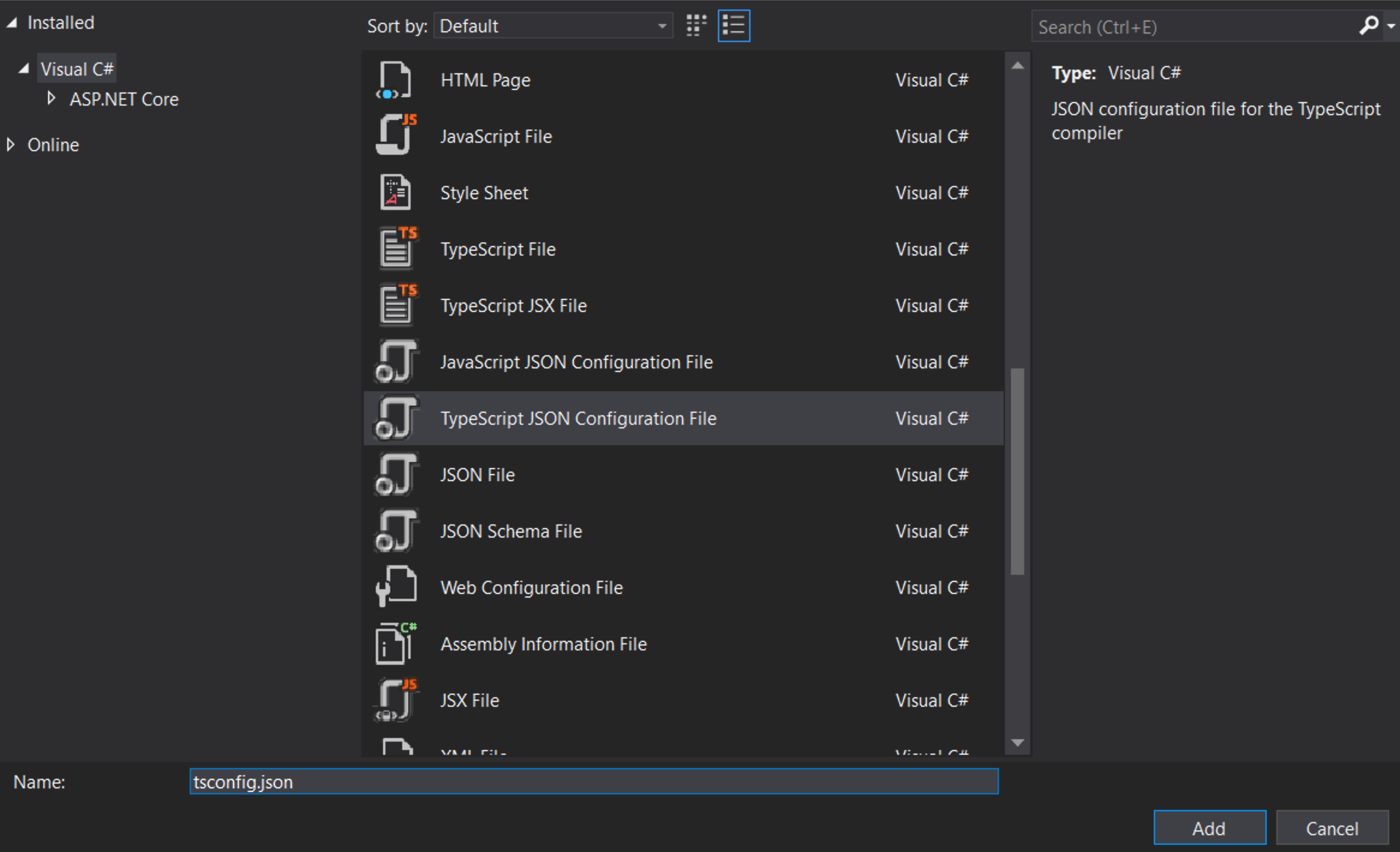 显示新文件对话框并选择了 TypeScript JSON 配置的截图